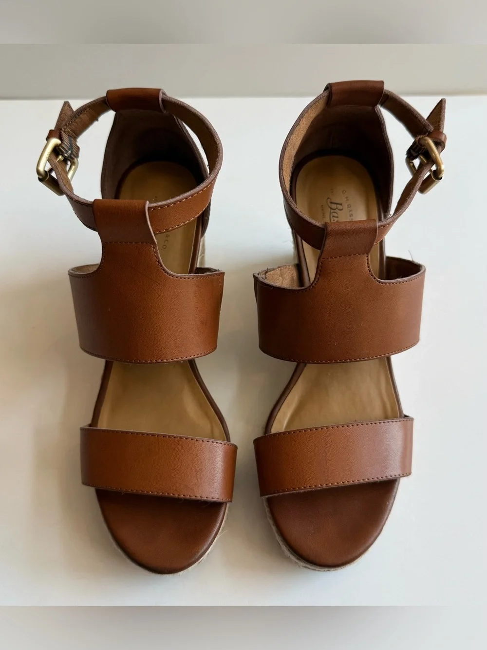 GH Bass & Co Bass Cody Women’s 7.5 M Espadrille Wedge Sandal Faux Leather Cognac